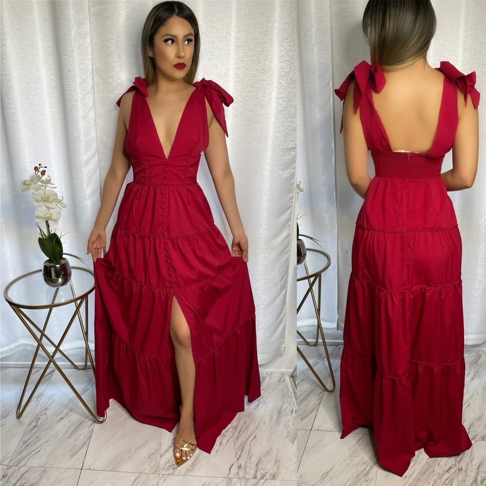 Luxxel Size L Red Tiered Maxi Dress with Bow Tie Straps & Button Detail